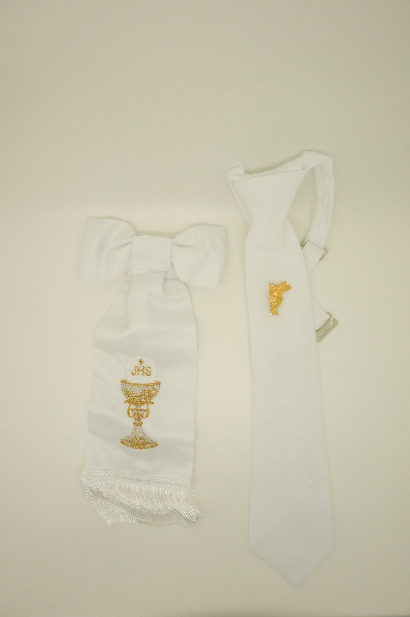 Boy's First Communion Set: White Arm Band and White Tie - Unique Catholic Gifts