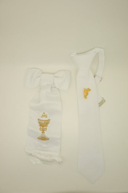 Boy's First Communion Set: White Arm Band and White Tie - Unique Catholic Gifts