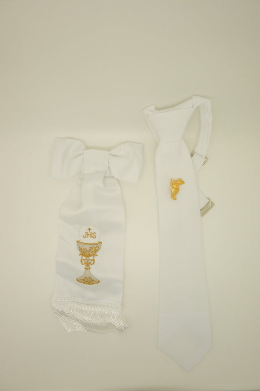 Boy's First Communion Set: White Arm Band and White Tie - Unique Catholic Gifts