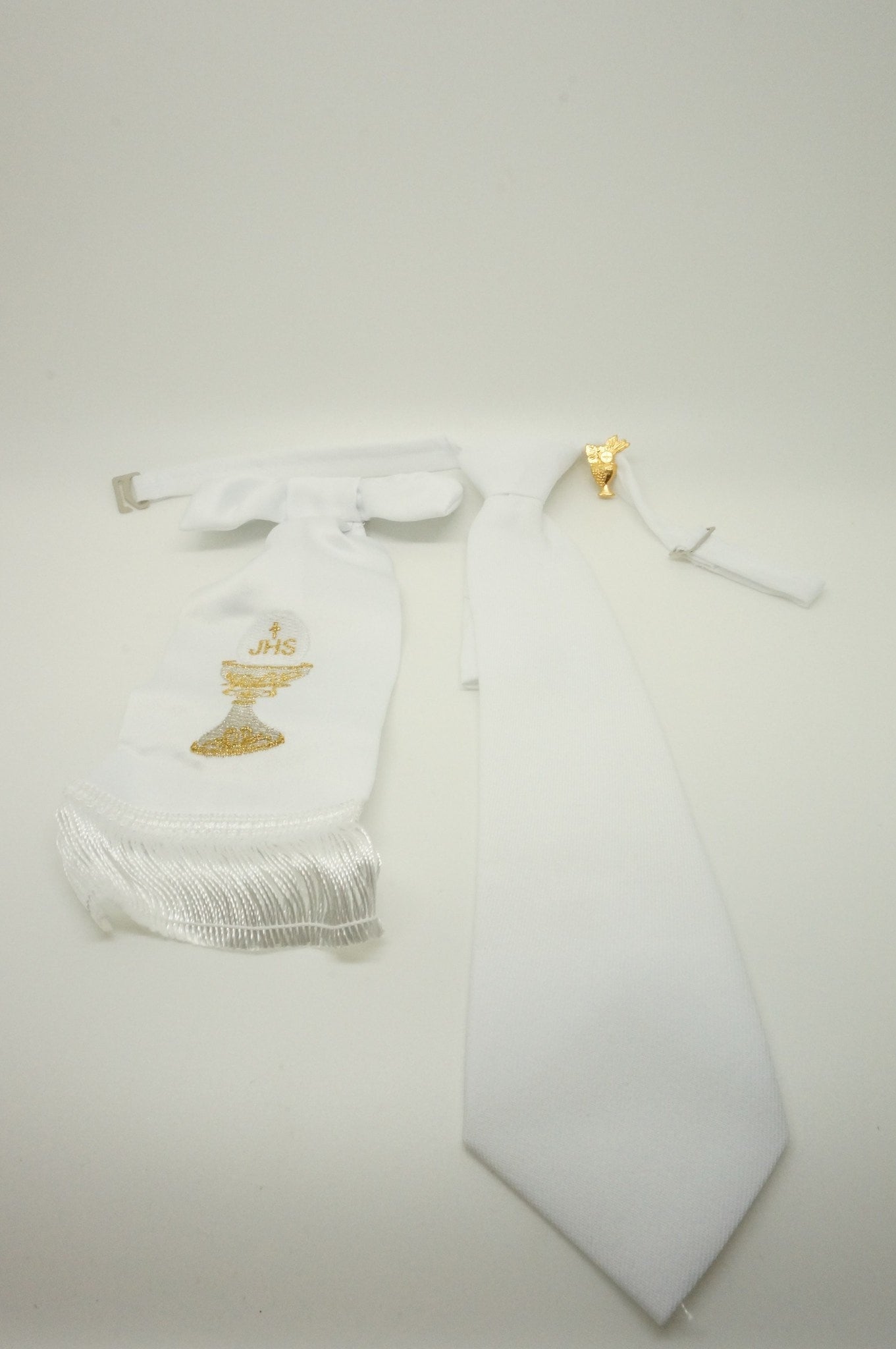 Boy's First Communion Set: White Arm Band and White Tie - Unique Catholic Gifts