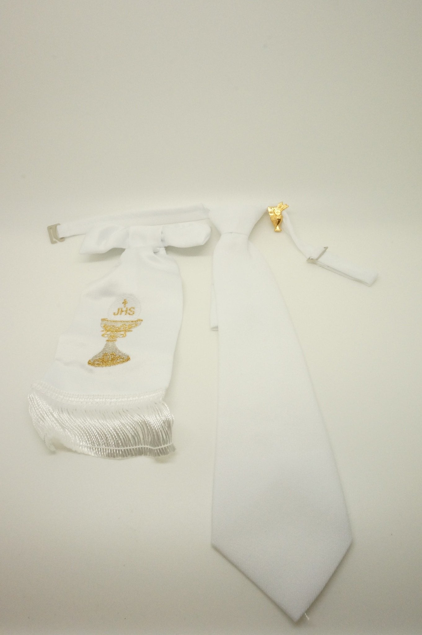 Boy's First Communion Set: White Arm Band and White Tie - Unique Catholic Gifts