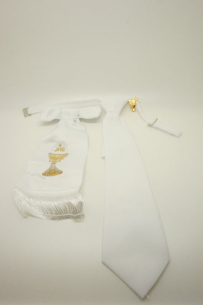 Boy's First Communion Set: White Arm Band and White Tie - Unique Catholic Gifts