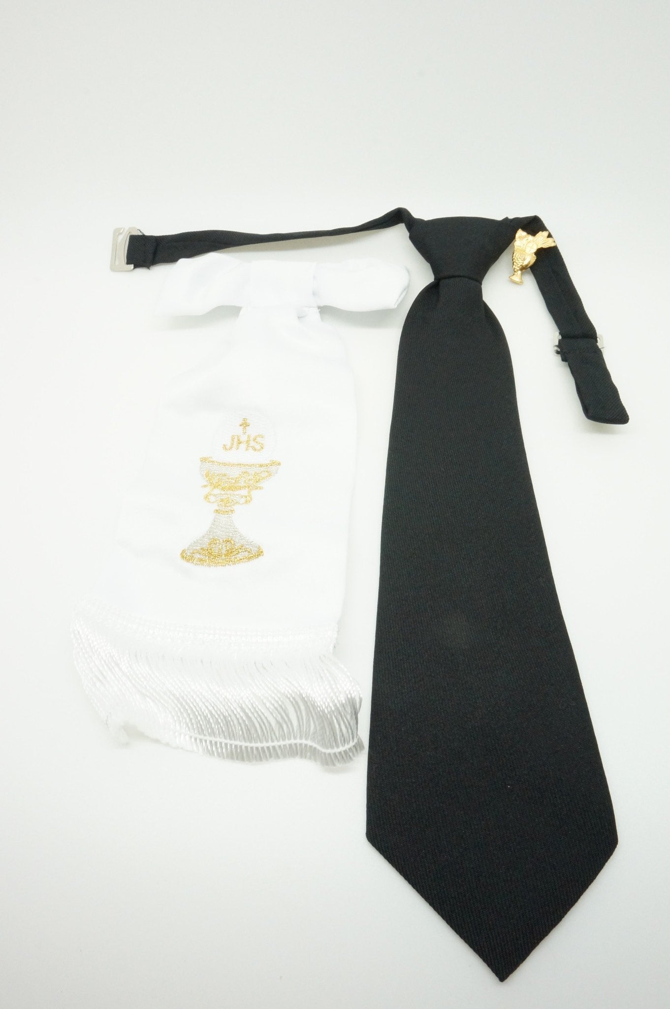 Boy's First Communion Set: White Arm Band, Pin and Black Tie - Unique Catholic Gifts