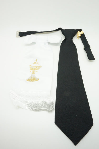 Boy's First Communion Set: White Arm Band, Pin and Black Tie - Unique Catholic Gifts