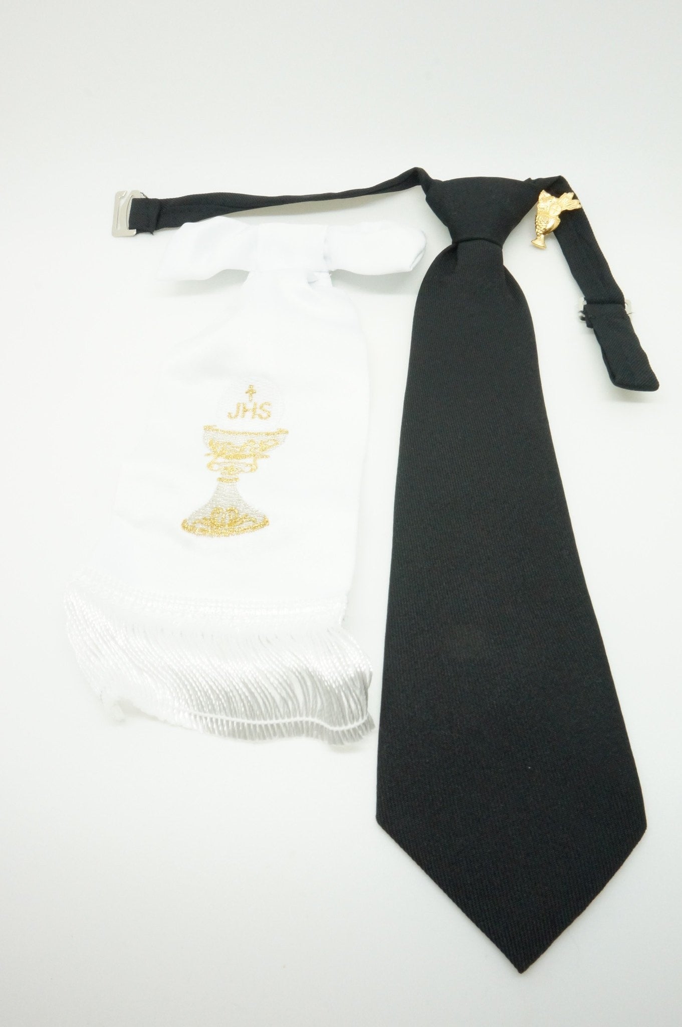 Boy's First Communion Set: White Arm Band, Pin and Black Tie - Unique Catholic Gifts