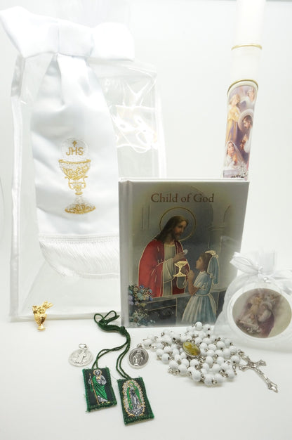 Girls First Communion Gift Set:Arm Band, Candle and 6 other items - Unique Catholic Gifts