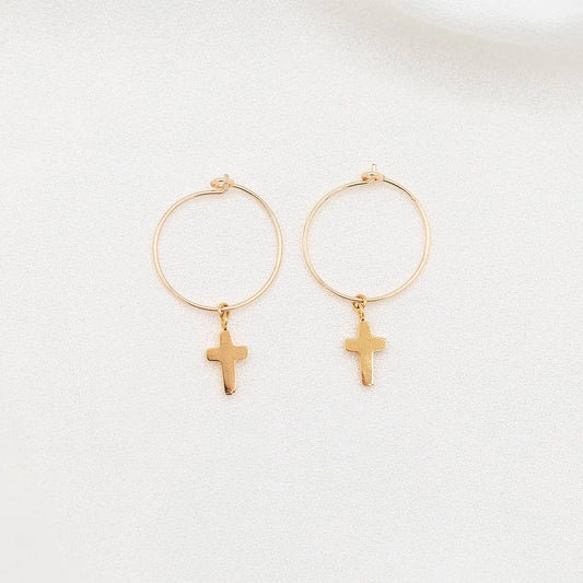 Faith Petite Cross Hoop Earrings Gold - Unique Catholic Gifts