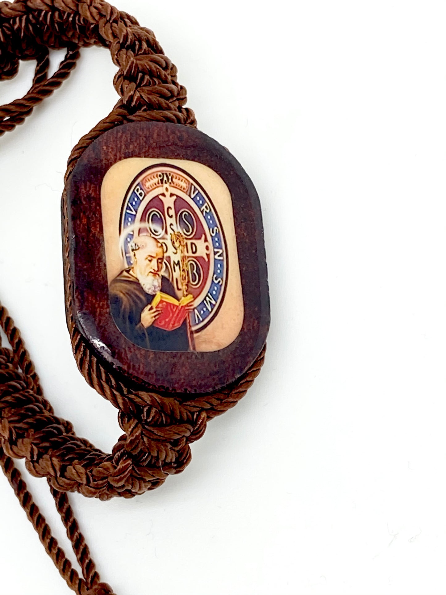 St. Benedict Brown Cord and Wood Bracelet - Unique Catholic Gifts