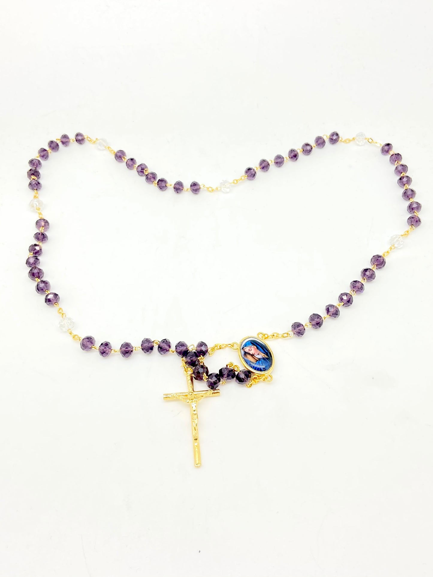 Seven Sorrows Purple Crystal Rosary -Gold - Unique Catholic Gifts