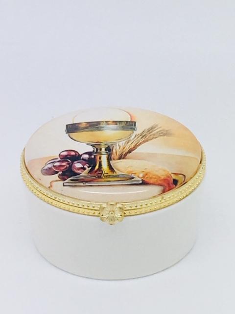 Round Porcelain Rosary First Communion Box with Glass Enclosed Top - Unique Catholic Gifts