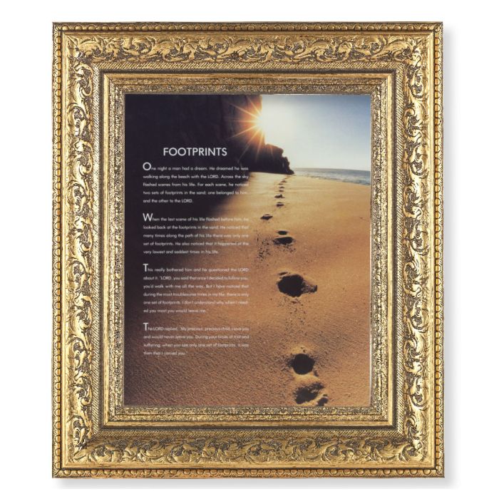 Footprints Print (Framed in Gold Leaf Antique Frame) 14 1/2" - Unique Catholic Gifts