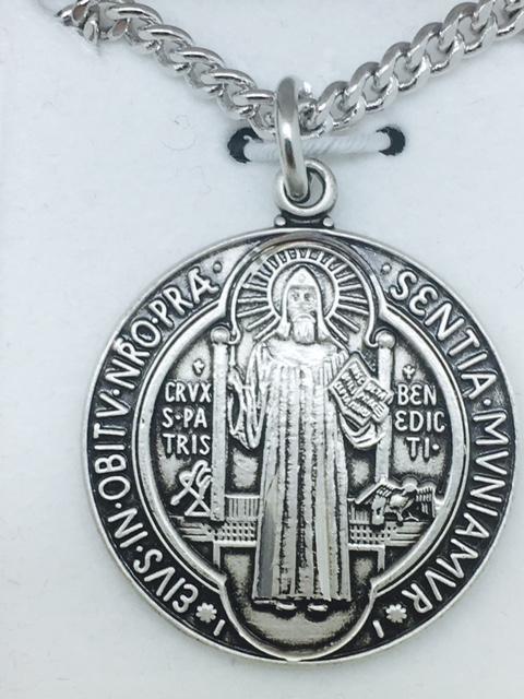 Sterling Silver St. Benedict medal (1") on 24 chain - Unique Catholic Gifts