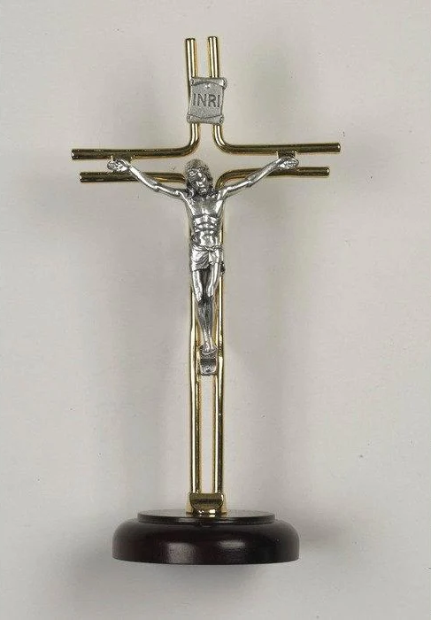 Gold & Silver Crucifix on Wood Base - 8" - Unique Catholic Gifts