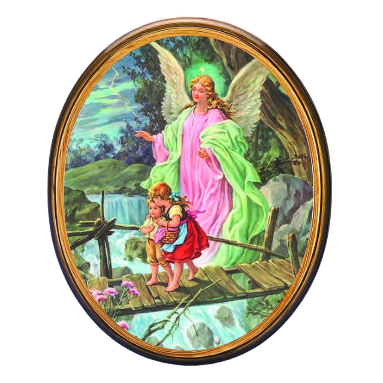 Guardian Angel Oval Wood Plaque 10" - Unique Catholic Gifts