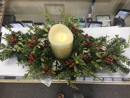 Christmas Mistletoe Table Centerpiece with LED Ivory Candle (24" Spray) - Unique Catholic Gifts