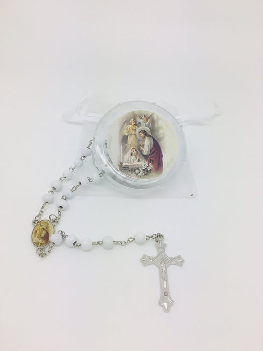 Girl First Communion Wood Rosary w/ Matching Box & Organza Bag - Unique Catholic Gifts