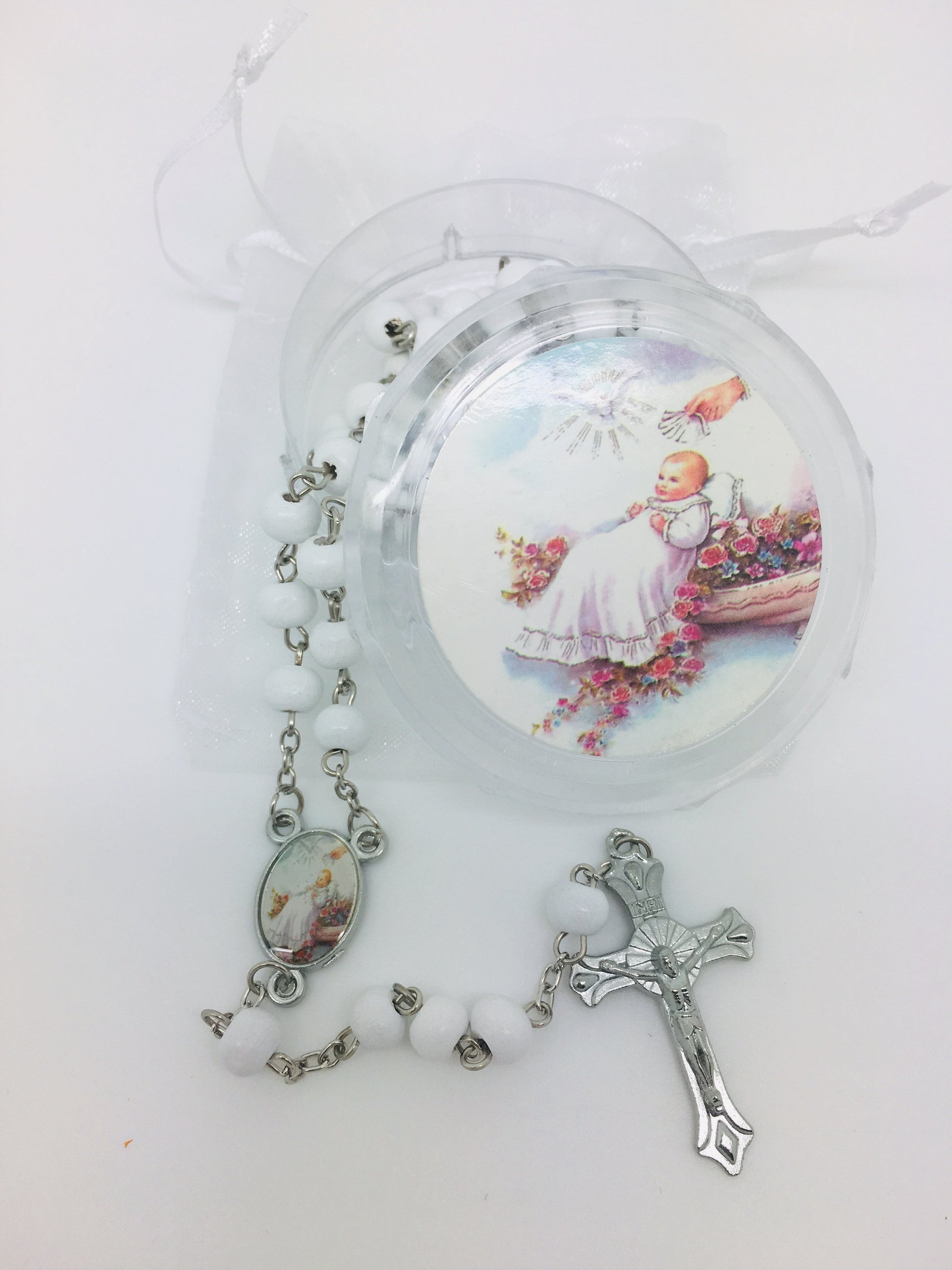 Baptism Girl Wood Rosary w/ Matching Box & Organza Bag - Unique Catholic Gifts