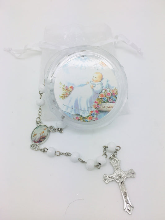 Baptism Boy Wood Rosary w/ Matching Box & Organza Bag - Unique Catholic Gifts