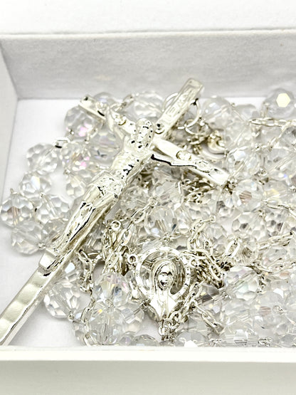 Clear Crystal Lasso Wedding Rosary with Silver-tone Accents 10MM - Unique Catholic Gifts