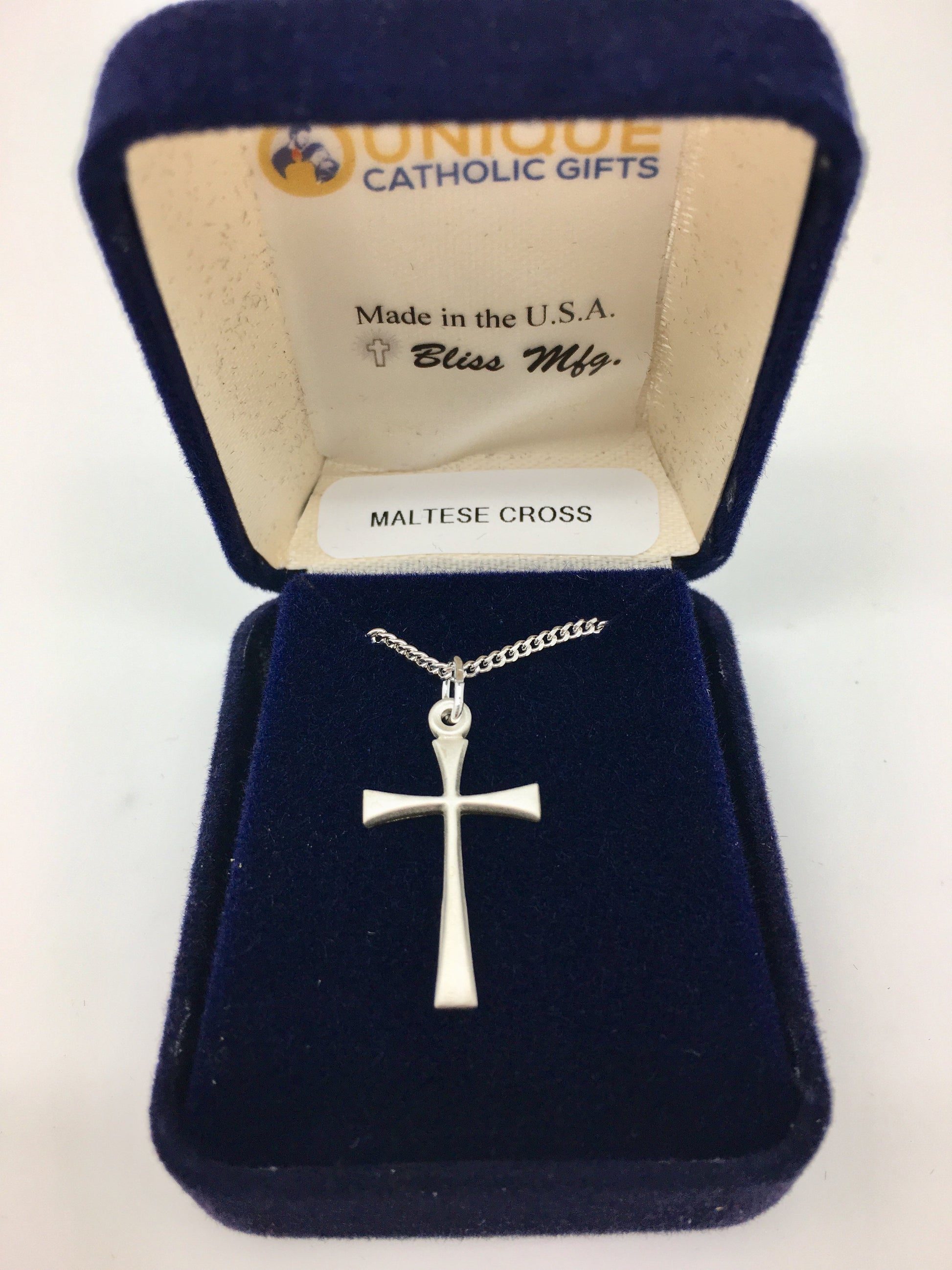 Sterling Silver Maltese Cross Matte Finish (7/8") on a 18 inch Rhodium Light Curb Chain - Unique Catholic Gifts