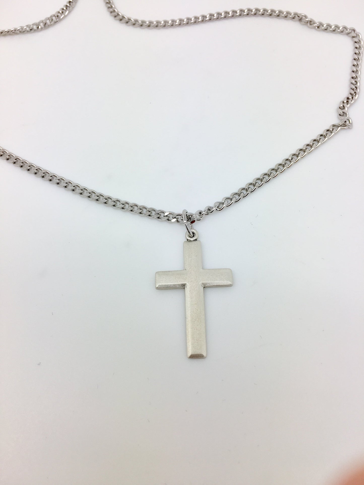 Sterling Silver Matte Finish Beveled Cross Pendant (1 1/4") on a 20" Heavy Curb Chain - Unique Catholic Gifts