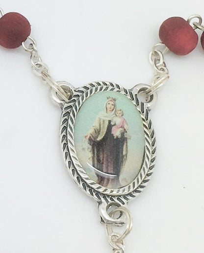 Our Lady of Mount Carmel Wood Rose Scented Rosary in Matching Box - Unique Catholic Gifts