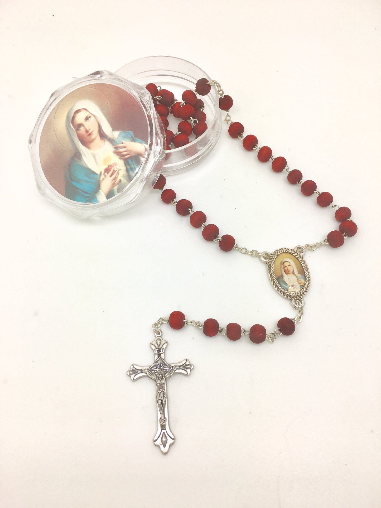 Immaculate Heart Wood Rose Scented Rosary in Matching Clear Box - Unique Catholic Gifts