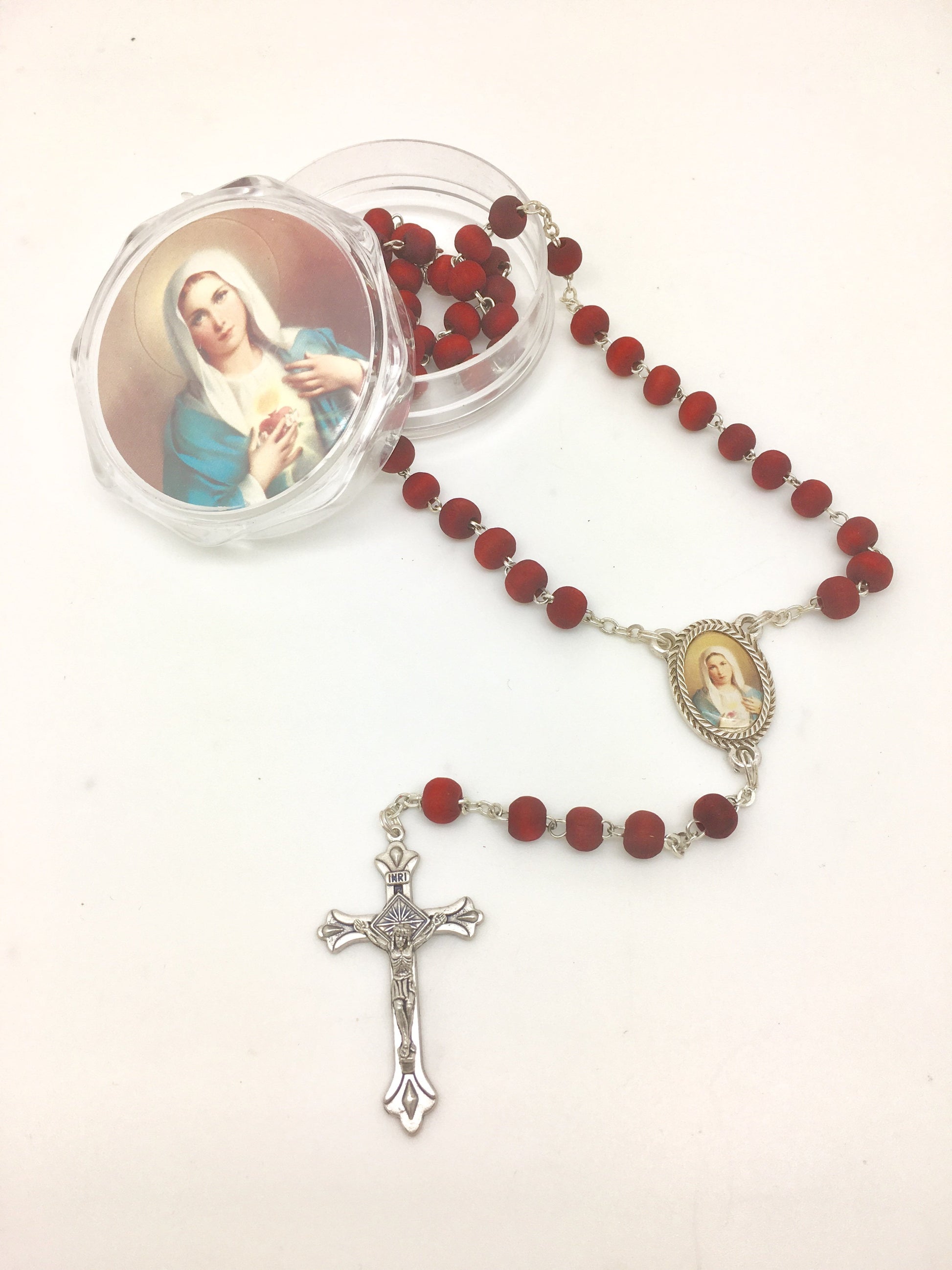 Immaculate Heart Wood Rose Scented Rosary in Matching Clear Box - Unique Catholic Gifts