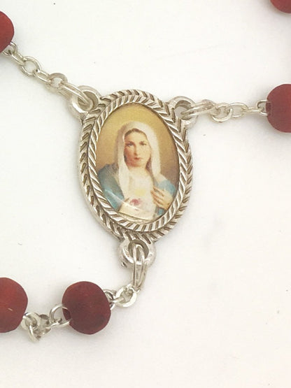 Immaculate Heart Wood Rose Scented Rosary in Matching Clear Box - Unique Catholic Gifts