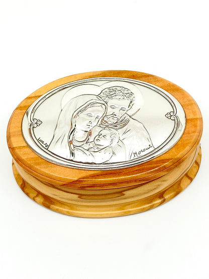 Holy Family Olive Wood Silver Plated Premium Rosary Box (Horizontal) - Unique Catholic Gifts