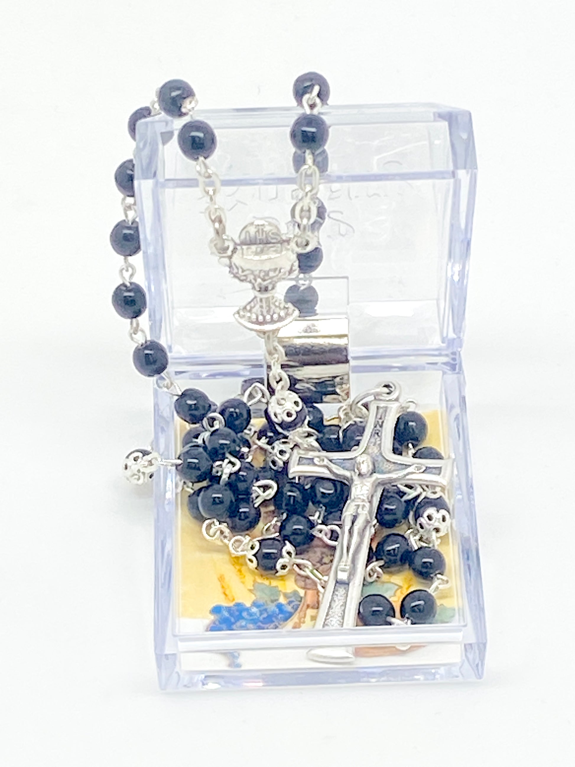 Black Pearl  First Communion Chalice Rosary 5mm - Unique Catholic Gifts