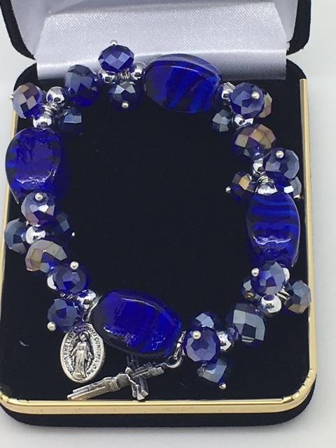 Large Blue Bead Catholic Charm Stretch Bracelet - Unique Catholic Gifts