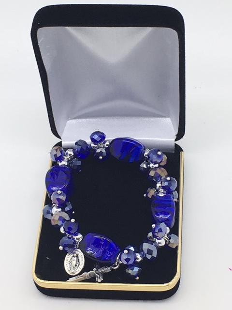 Large Blue Bead Catholic Charm Stretch Bracelet - Unique Catholic Gifts