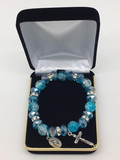 Aqua Blue Catholic Charm Stretch Bracelet - Unique Catholic Gifts