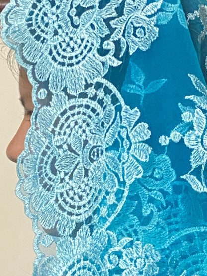 Light Sky Blue Lace Mantilla Chapel Spanish Veil 51" - Unique Catholic Gifts