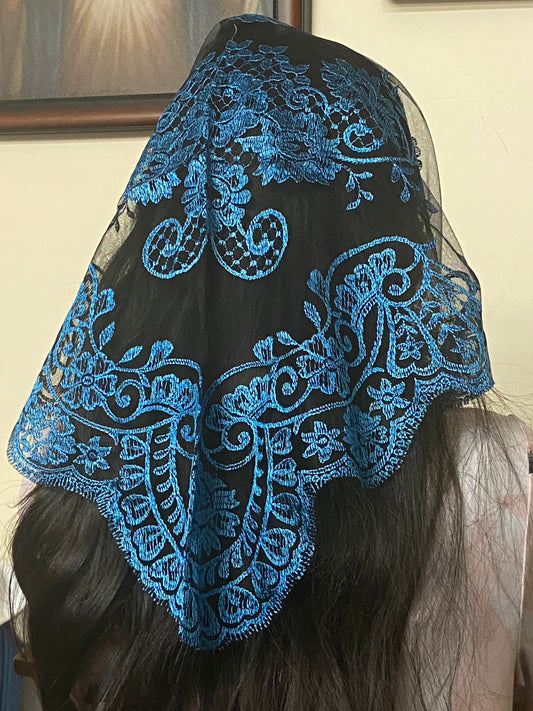 Black and Blue Lace Mantilla Chapel Spanish Veil 51" - Unique Catholic Gifts