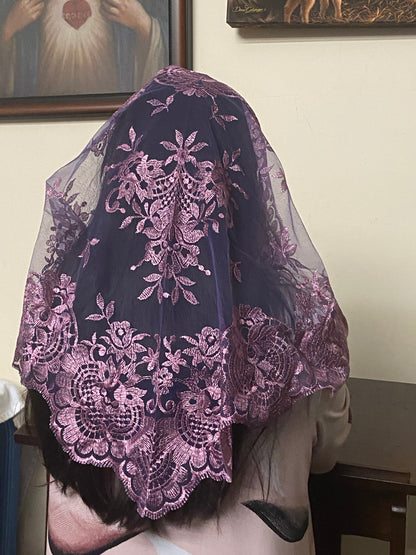 Wine Purple Lace Mantilla Chapel Spanish Veil 51" - Unique Catholic Gifts