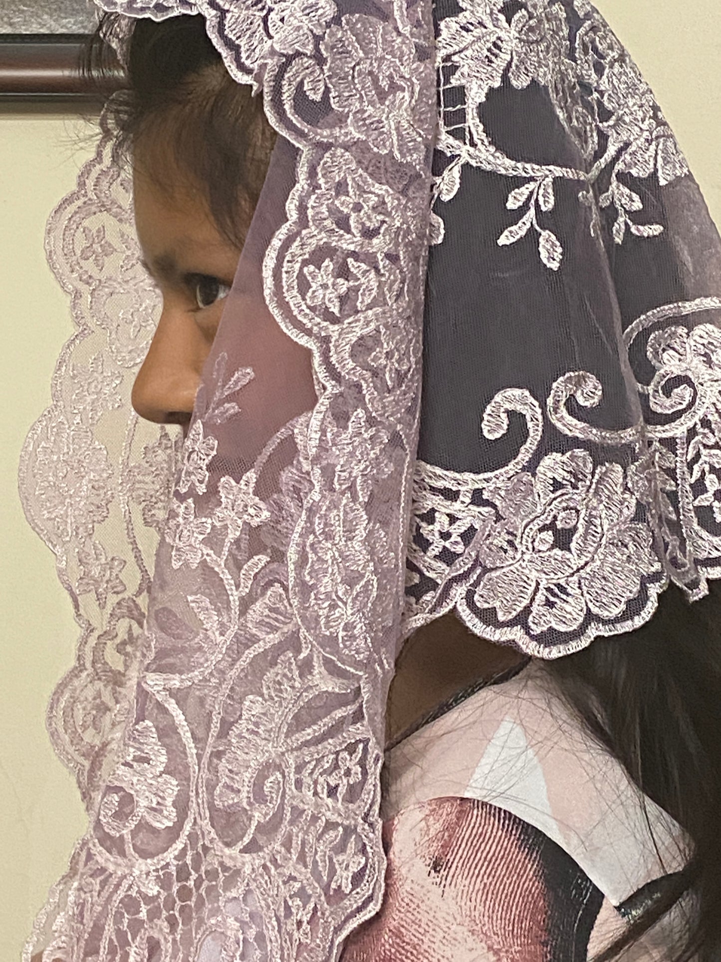 Pale Pink Lace Mantilla Chapel Spanish Veil 51" - Unique Catholic Gifts