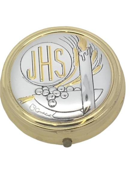 Gold and Silver JHS Pyx with Silver Candle (2 x 1/2") - Unique Catholic Gifts