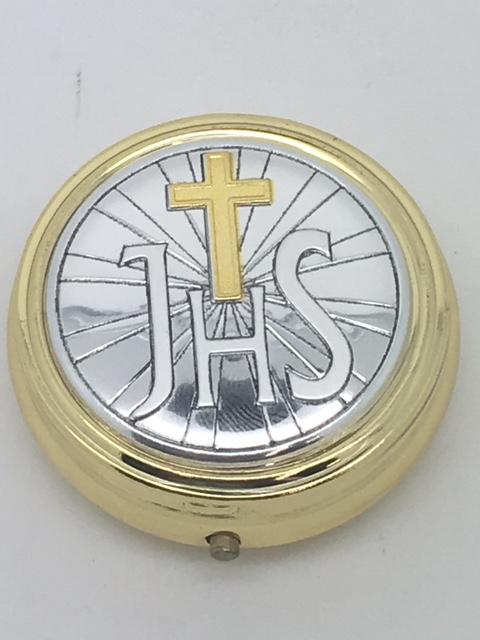 Gold and Silver JHS Pyx with Gold Cross (2 x 1/2") - Unique Catholic Gifts