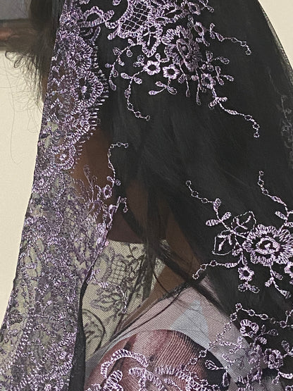 Lilac and Black Lace Mantilla Chapel Spanish Veil 51" - Unique Catholic Gifts