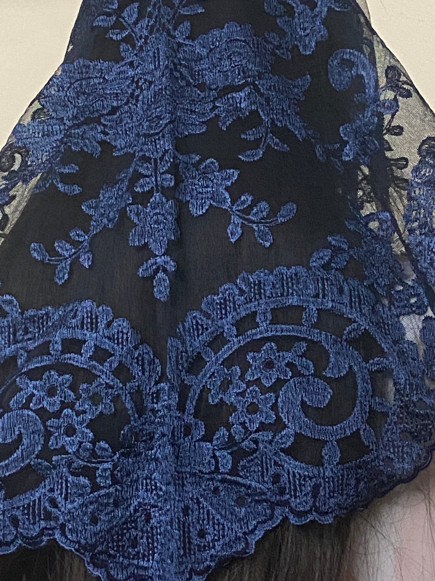 Deep Blue Lace Mantilla Chapel Spanish Veil 51" - Unique Catholic Gifts