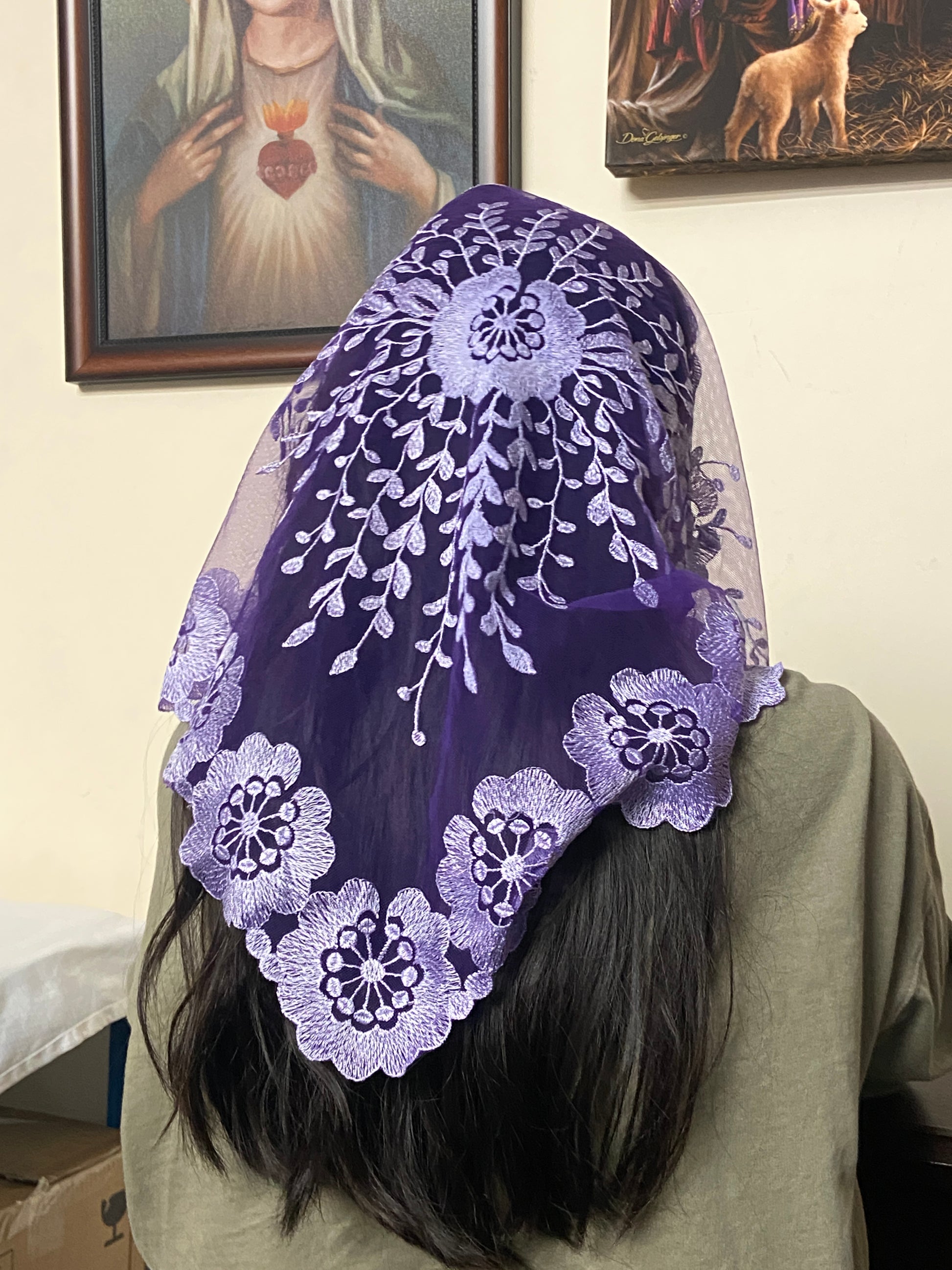 Purple Lace Mantilla Chapel Spanish Veil 51" - Unique Catholic Gifts