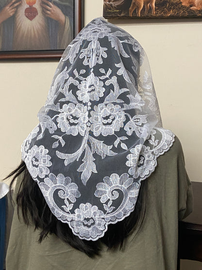 White Olivia Lace Mantilla Chapel Spanish Veil 51" - Unique Catholic Gifts