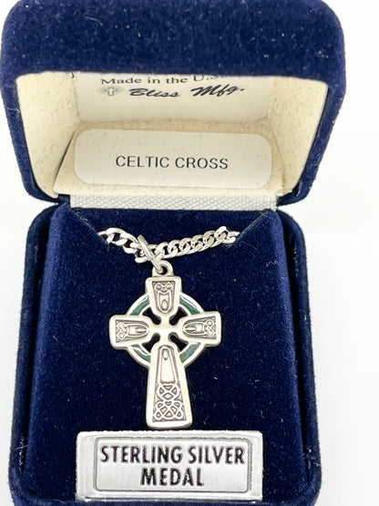 Sterling Silver and Green Epoxy Lined Celtic Crucifix (1") - Unique Catholic Gifts