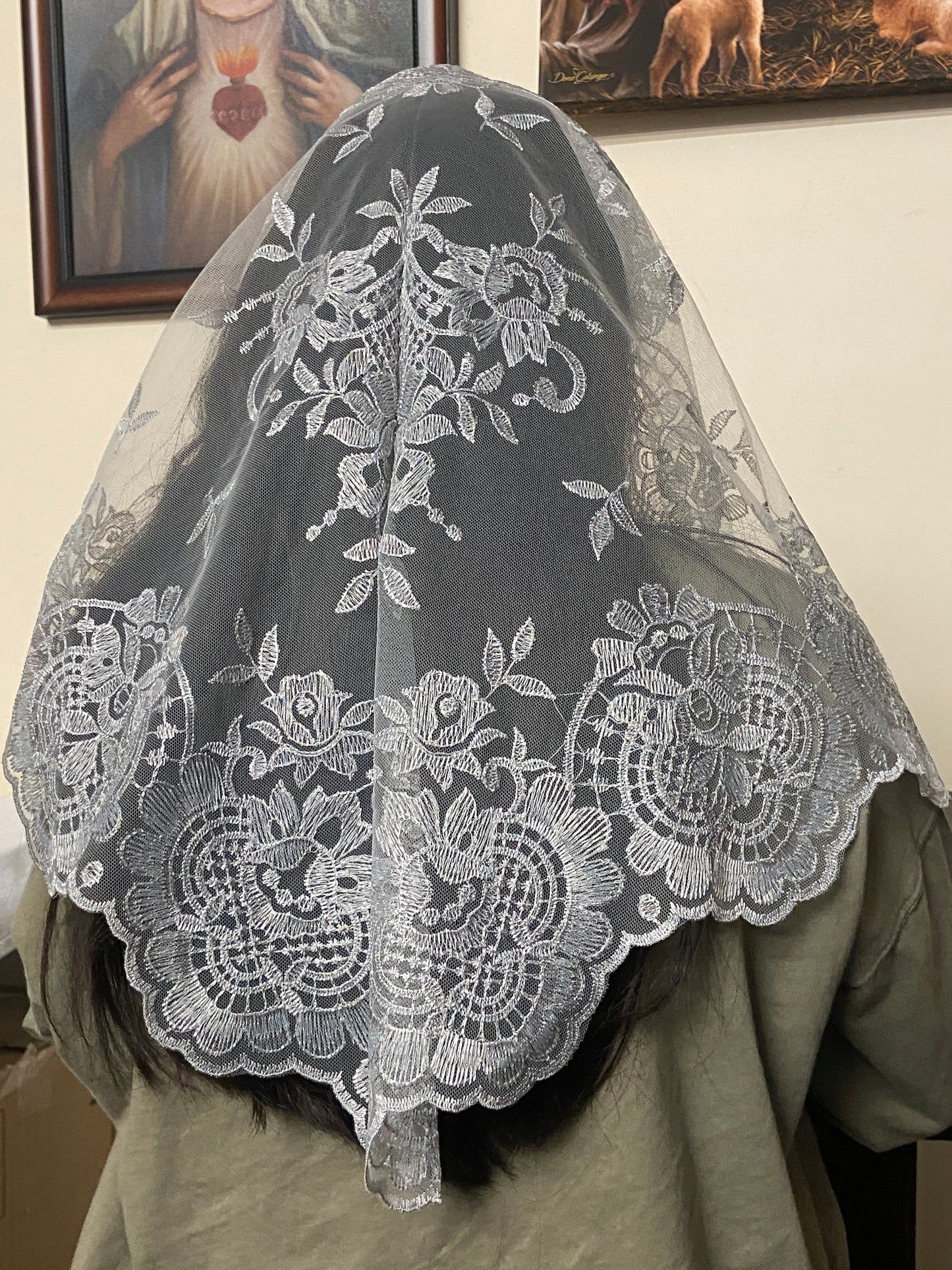 Grey Eva Lace Mantilla Chapel Spanish Veil 51" - Unique Catholic Gifts