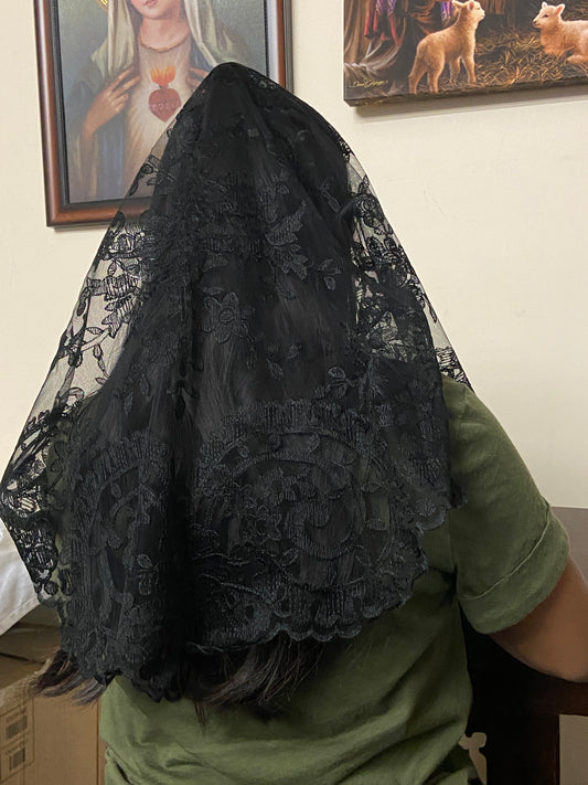 Black Medallion Lace Mantilla Chapel Spanish Veil 51" - Unique Catholic Gifts