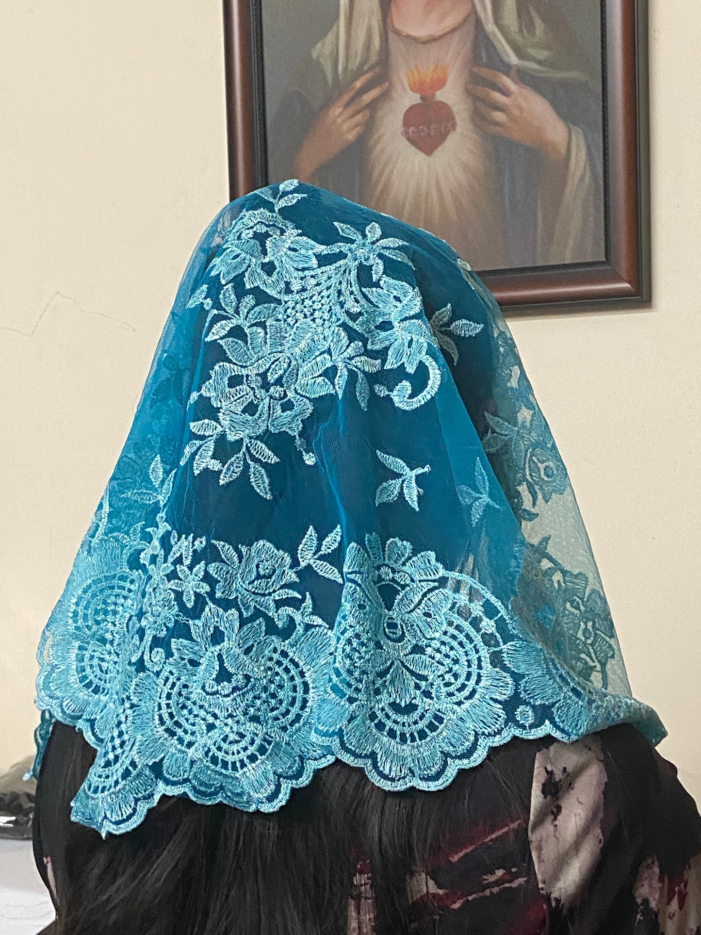 Light Sky Blue Lace Mantilla Chapel Spanish Veil 51" - Unique Catholic Gifts