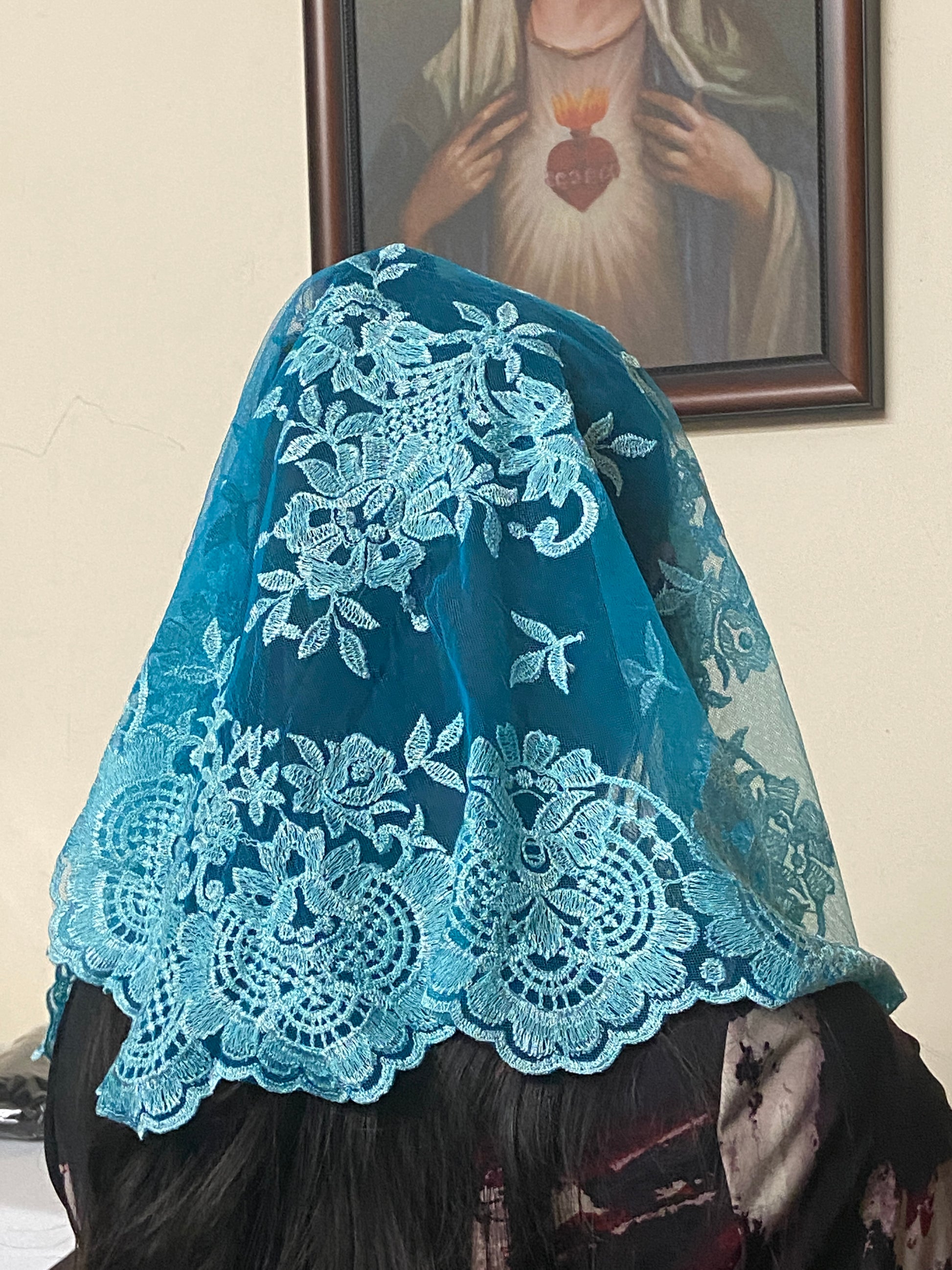 Light Sky Blue Lace Mantilla Chapel Spanish Veil 51" - Unique Catholic Gifts