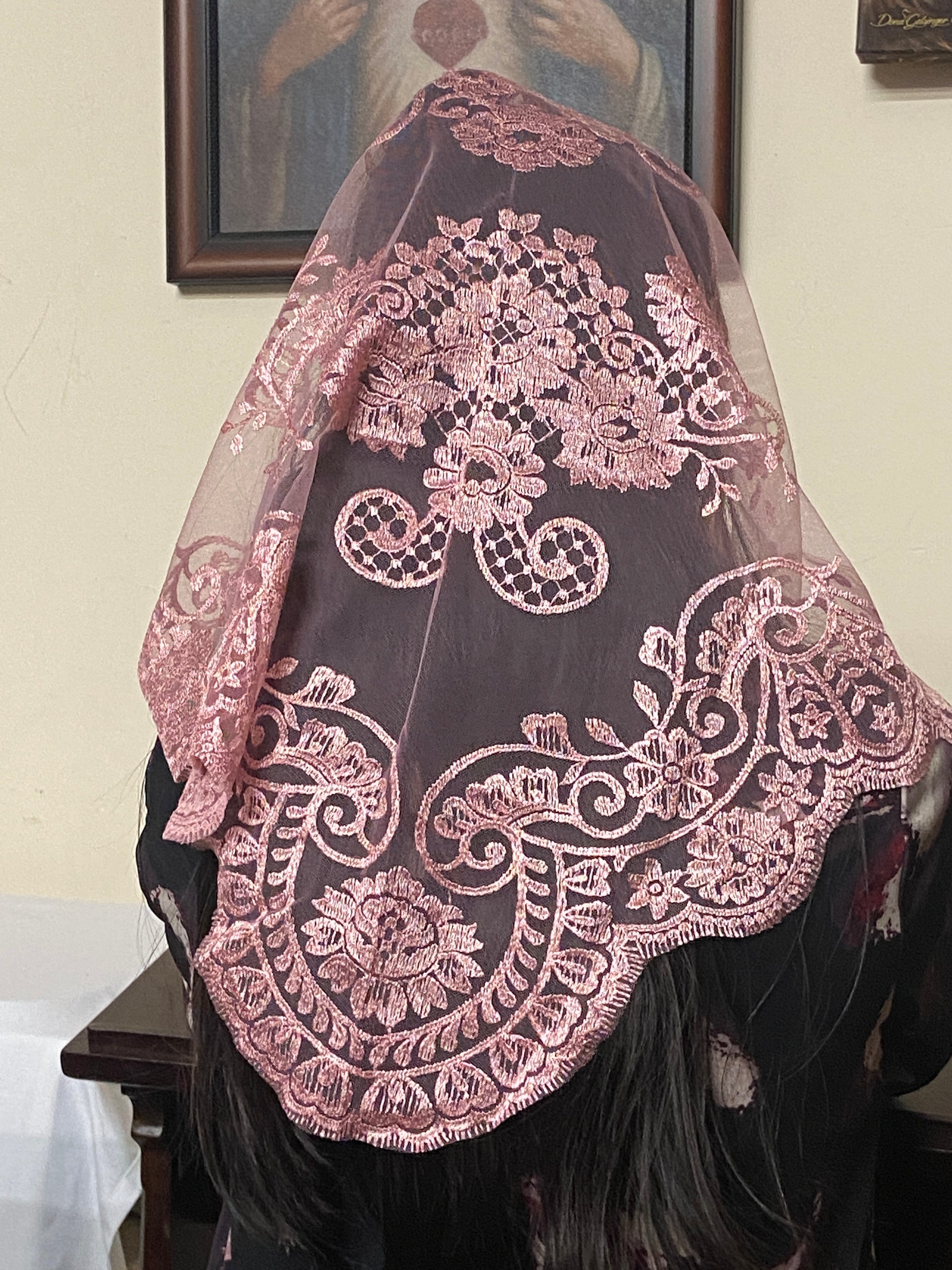 Brilliant Dusty Rose Lace Mantilla Chapel Spanish Veil 51" - Unique Catholic Gifts